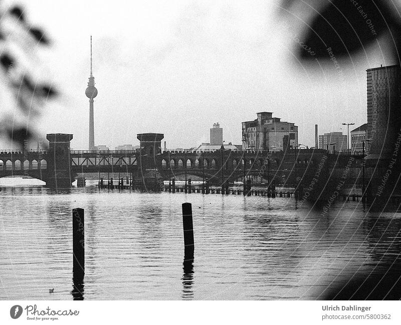 Oberbaumbrücke with Alex in the background Berlin GDR 1980 black-and-white Main branch Town Kreuzberg History of the Spree Tourist Attraction Germany