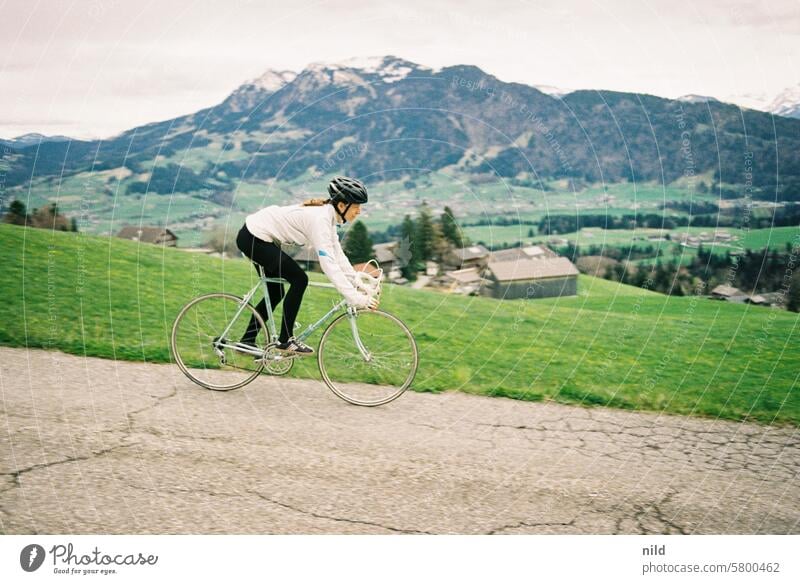 Clench your teeth - and release the brake! Racing cycle Cycling Cyclist downhill speed vintage Vintage road bike Ski-run Mountain Vorarlberg Forest of Bregenz