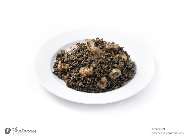 Black rice with seafood on black background asian cereal diet dish health isolated nutrition plate prawn recipe shrimp vegetable white