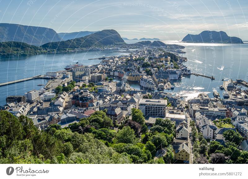Aerial view of the town of Alesund, Norway More og Romsdal More og Romsdal County Scandinavia Scandinavian aerial aerial view architecture attraction background