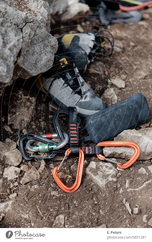 Climbing equipment lying on the ground during a climbing session Mountain Rock Mountaineering Hiking Nature Exterior shot Vacation & Travel carbine snap hook
