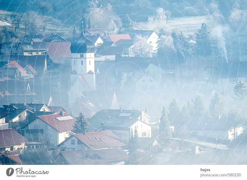 Village in the fog Winter House (Residential Structure) Nature Landscape Weather Fog Unterböhringen Germany Europe Church Blue Gray White Haze Fog bank Frost