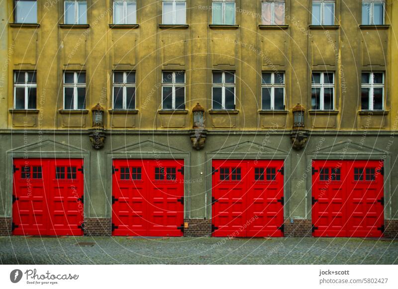 Main station of the volunteer fire department fire station Facade Building Garage Closed Fire department Goal Window Style Highway ramp (exit) Symmetry