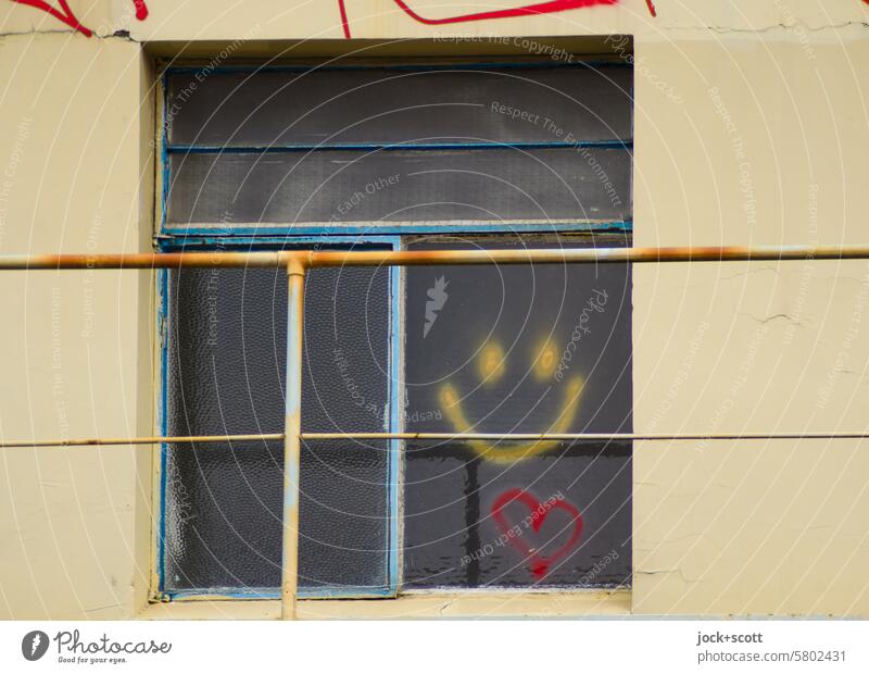 Window with heart and smiley Smiley Heart (symbol) Symbols and metaphors Romance Love With love Metal post rusty Emotions Sign Old Prop Sympathy Weathered Spray