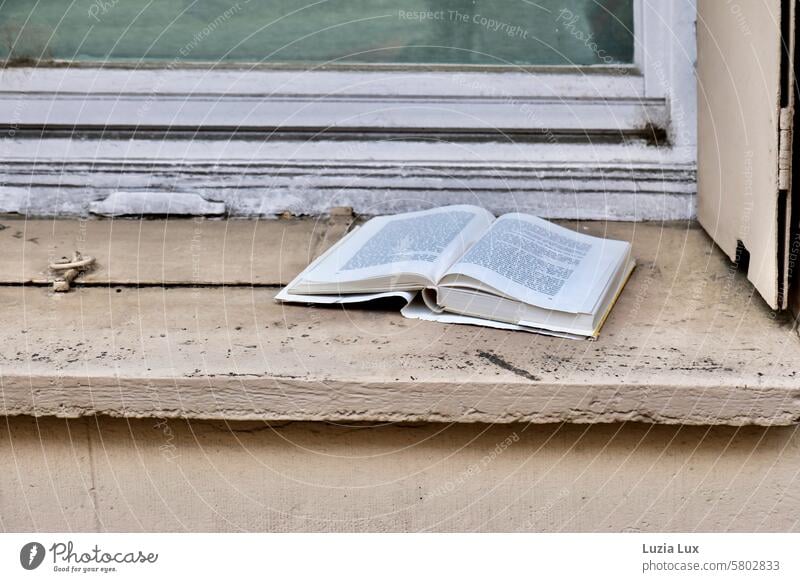 Invitation to read... An open book lies on a windowsill Struck Side Open Book Reading Literature To leaf (through a book) Page Old Reading matter History of the