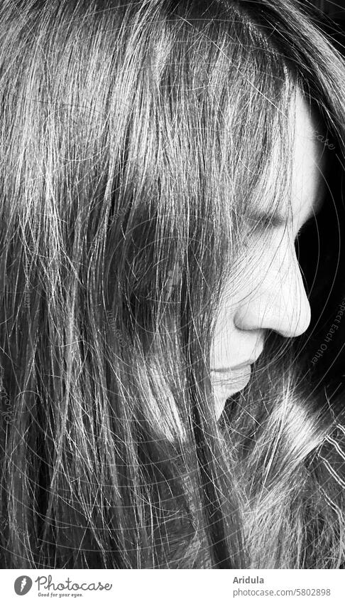 Hair and nose hair Nose Hair and hairstyles Woman portrait Profile covert b/w Face Mouth Head Human being Black & white photo long hairs