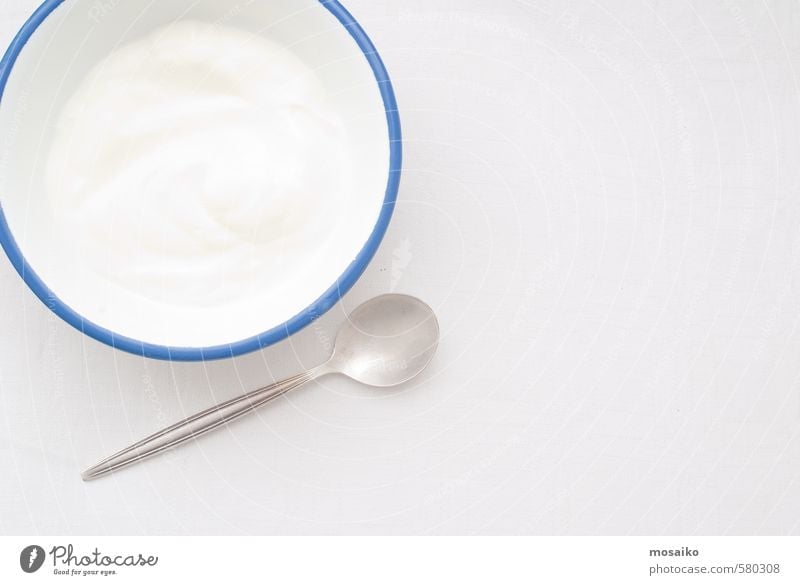 Natural Yogurt Yoghurt Nutrition Breakfast Diet Bowl Pot Spoon Body Skin Face Make-up Medical treatment Wellness Spa Fresh Clean Blue White Protection milk care