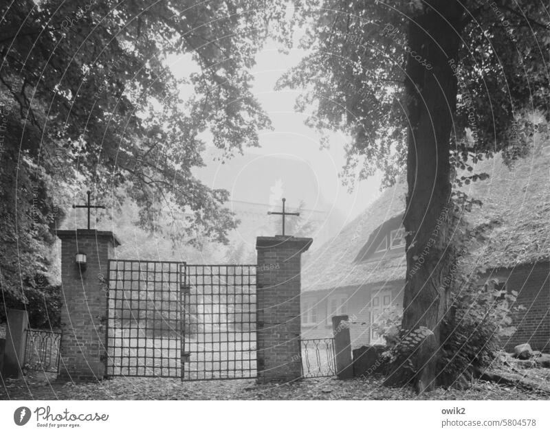 Old movie Rectory Entrance Goal ancient lattice gate Metal Iron Crosses piers House (Residential Structure) parsonage Historic Thatched roof house Old fashioned