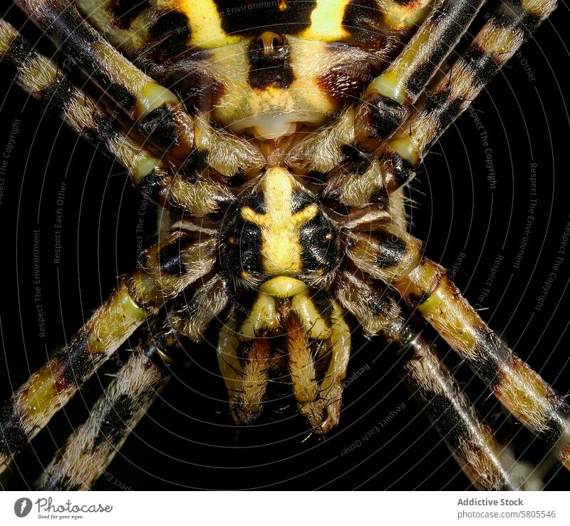 Close-up of a Tiger Spider's Face and Front Legs spider macro close-up arachnid tiger spider texture marking detail nature wildlife insect photography