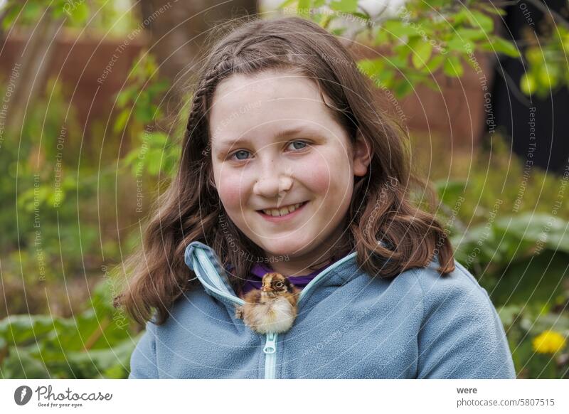 A girl sits in the garden with a little chick in the neckline of her jacket and looks into the camera. Animal Camera Caucasian Garden Girl Jacket Appearance