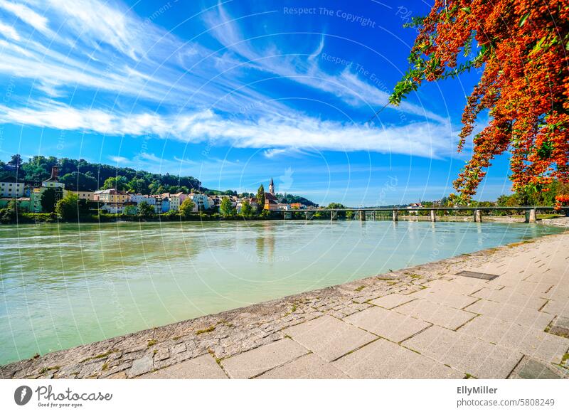 View of Passau on the Inn River Town Water Nature Landscape River bank Beautiful weather turquoise blue Colour photo Calm Idyll beautifully Summer Environment