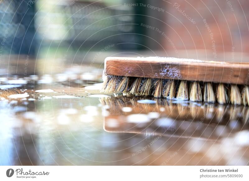 Spring cleaning / a root brush on a wet wooden table Wooden table Wet swab purge Terrace Clean Cleaning Dirty Living or residing Bristles Soap suds frowzy