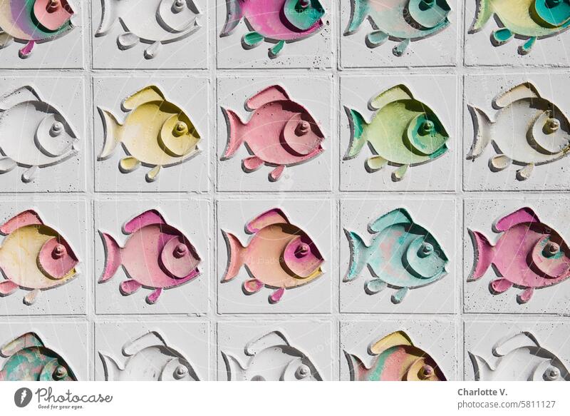 All facing the same direction I Concrete tiles with colorful fish on a façade Fish tiles variegated cheerful Multicoloured Decoration Wall (building) Facade