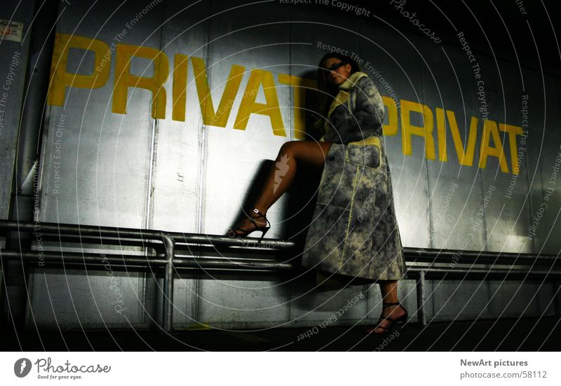 private Eroticism Model Woman Underground garage Garage Private Tin Wall (building) Coat Legs Romance Fashion