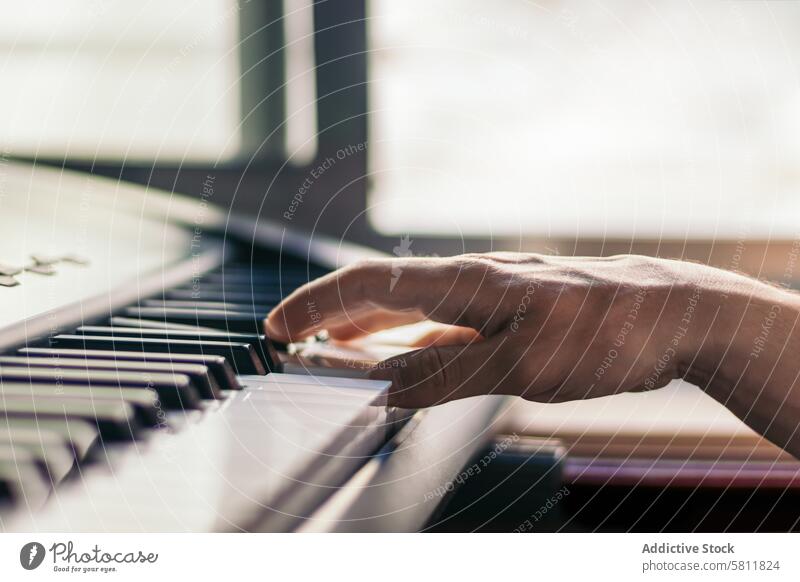 man playing piano with one hand. music keyboard caucasian instrument pianist male musician player performance art black concert classical adult practicing jazz