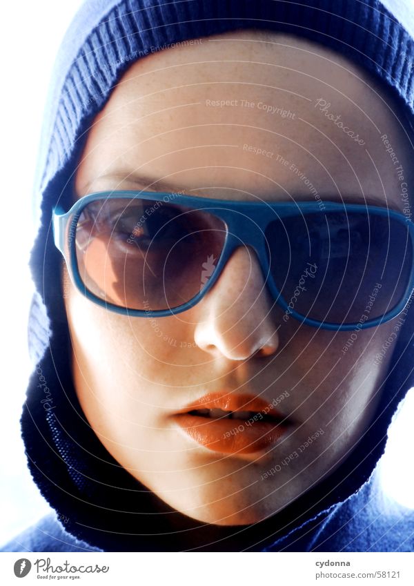 sunglasses everywhere II Sunglasses Lips Lipstick Style Model Portrait photograph Woman Posture Row Light Hooded (clothing) Looking Facial expression Face