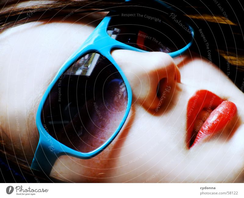 sunglasses everywhere III Sunglasses Lips Lipstick Style Model Portrait photograph Woman Posture Row Light Hooded (clothing) Looking Facial expression Face