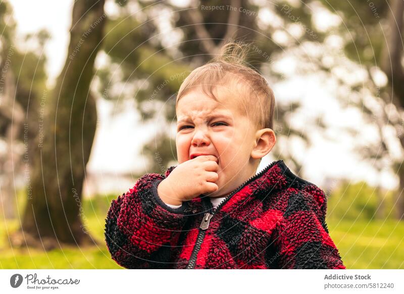 adorable baby boy crying in a park child childhood kid cute little people small portrait face young toddler caucasian expression infant emotion outdoor