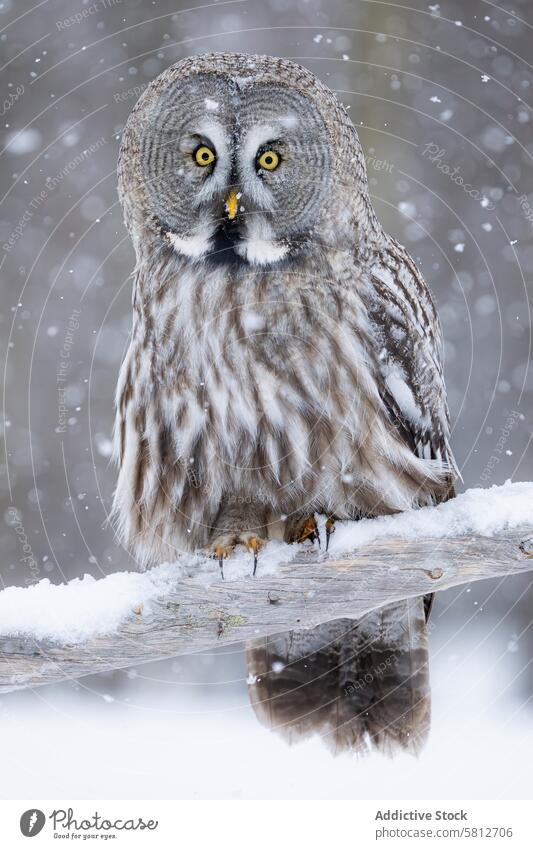Great grey owl in snowy ambiance great grey owl branch perched bird raptor wildlife nature feathers yellow eyes beak winter camouflage outdoor cold weather
