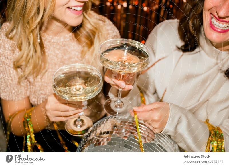 Close Up of cheerful woman at Party Making Champagne Toast Together person drink party glass wine friends alcohol celebrate holiday group female fun hand