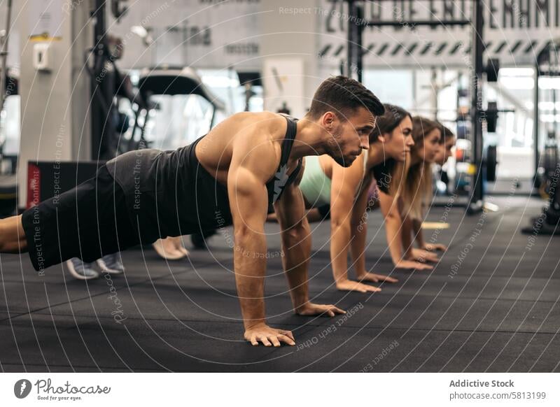 group of young people doing push ups in a gym fitness workout exercise lifestyle training sport healthy athletic adult team person women sportswear class