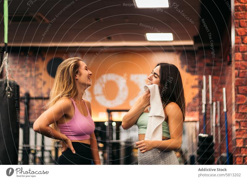 two young women talking in the gym while resting workout fitness sport lifestyle break female people exercise training healthy woman smiling sportswear indoors