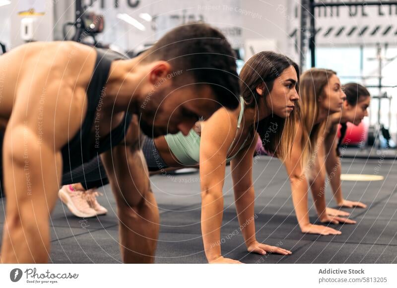 group of young people doing push ups in a gym fitness workout exercise lifestyle training sport healthy athletic adult team person women sportswear class