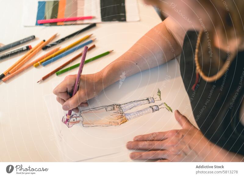 Fashion designer drawing a fashion sketch with colorful pencils 50s above clothing confidence confident creativity desk directly above dressmaker empowerment
