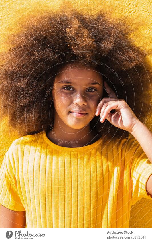 Ethnic girl with Afro hairstyle looking at camera afro curly hair teen portrait kid human face yellow african american black ethnic female teenage confident