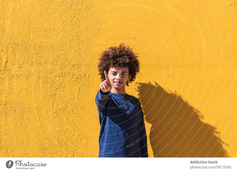 Ethnic boy with curly hair pointing at camera afro point at camera colorful bright kid teen finger gesture positive male child african american black ethnic