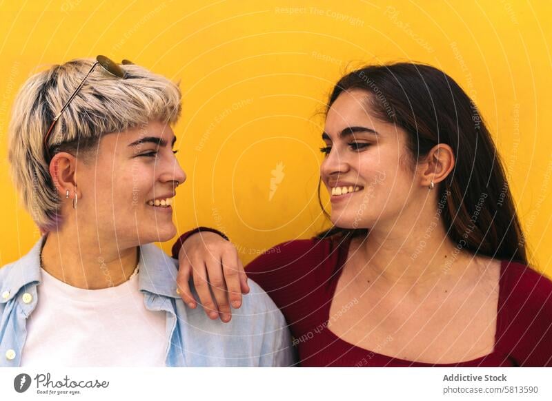 two teenager girls smiling looking each other hair wicks friendship woman young female short hair beautiful cheerful copy space happy relationship together