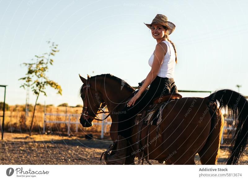 Young woman in hat riding a horse in the countryside at sunset nature young animal ranch cowgirl cowboy person equine beautiful equestrian pet female field