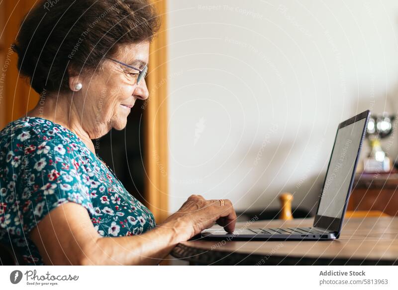 Senior woman with glasses using a laptop at home senior technology computer mature happy female internet person people sitting lifestyle adult smiling elderly