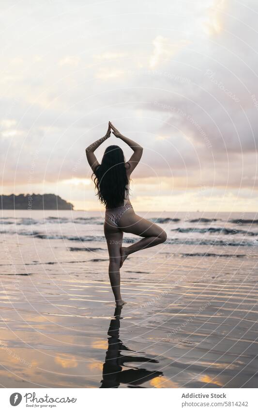 Rear view of a brunette woman doing yoga on the beach sunset young sea summer lifestyle happy travel beautiful ocean nature vacation people sky female happiness