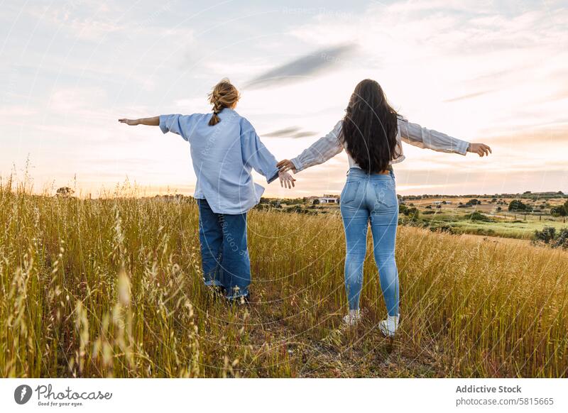 Two young women enjoying nature with the arms open, in a field at sunset female woman happiness love two happy caucasian together friends adult friendship