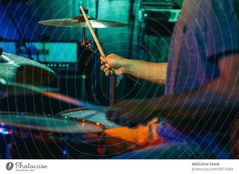 Drummer In Stage With Colorful Lights music stage bass concert player musician entertainment sound background instrument band live rock performer musical