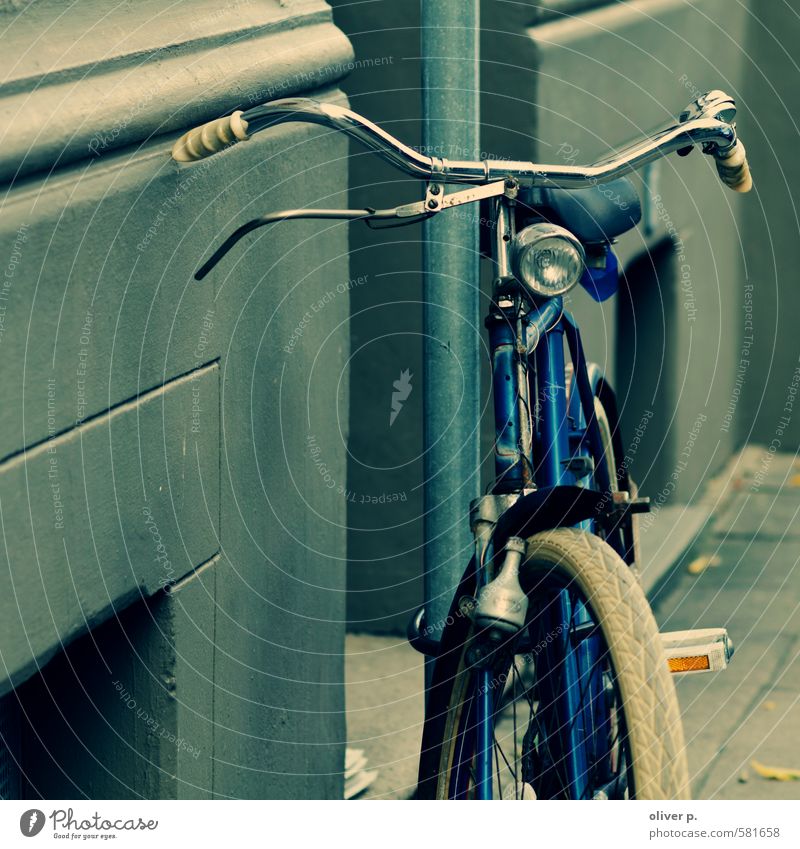 radnostalgia Transport Means of transport Road traffic Cycling Street Bicycle Old Retro Town Blue Nostalgia Logistics Colour photo Exterior shot Deserted Day