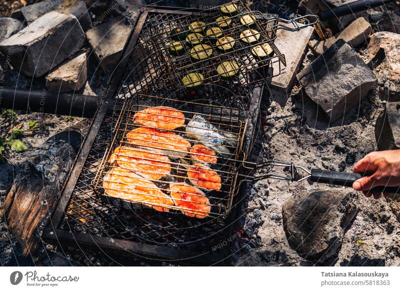 Salmon steaks and zucchini mugs grilled on a grill over a campfire during a picnic in the woods salmon fish cooking food bbq barbecue hot outdoors flame meal