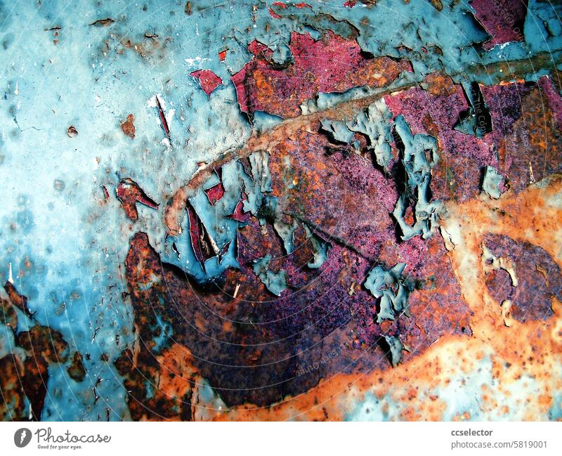 Paint residue on a rusted iron plate Rust Detail Metal Old Colour photo Structures and shapes Exterior shot Deserted Decline Abstract Ravages of time Change