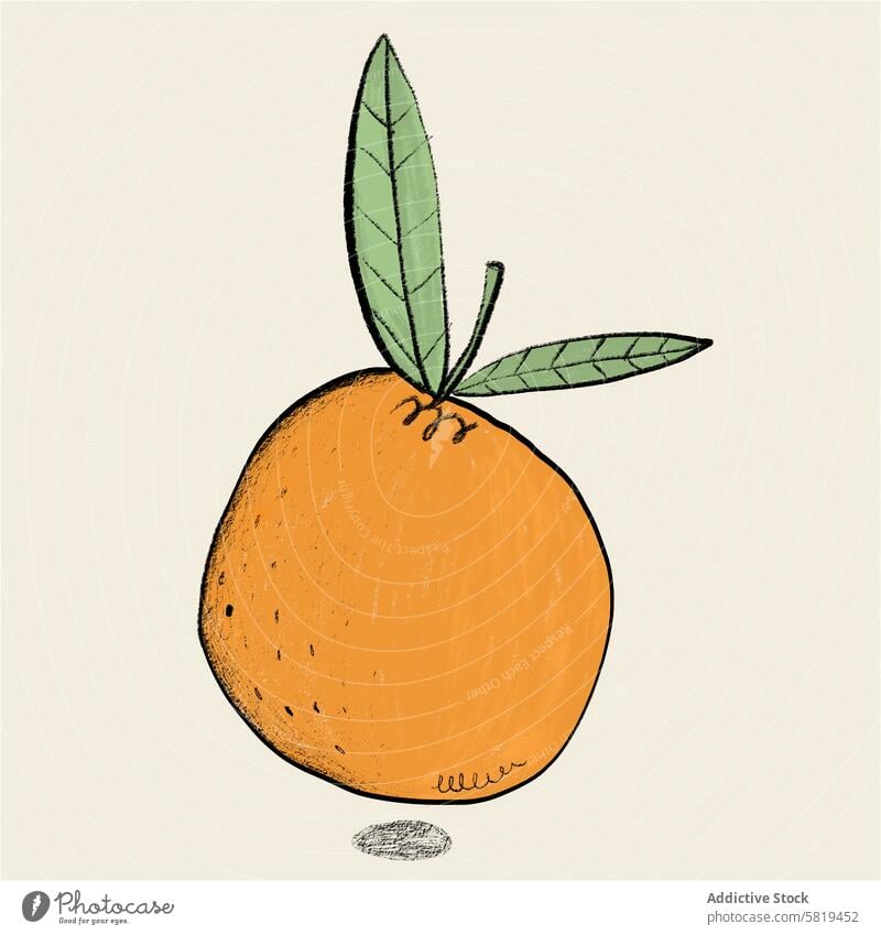 Orange illustration with textured details orange fruit hand-drawn digital leaf green color art drawing design creative food vitamin healthy natural juicy