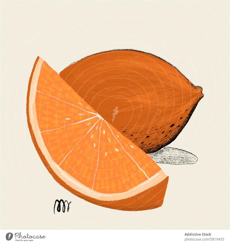 Textured Illustration of a Fresh Orange Slice illustration orange fruit slice peel textured vibrant artistic rendering neutral background citrus food healthy