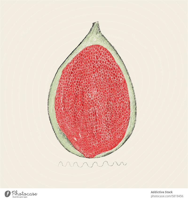 Detailed illustration of a cross-section of a fig fruit hand-drawn ripe seed texture red flesh vibrant detailed botanical food natural edible exotic tropical