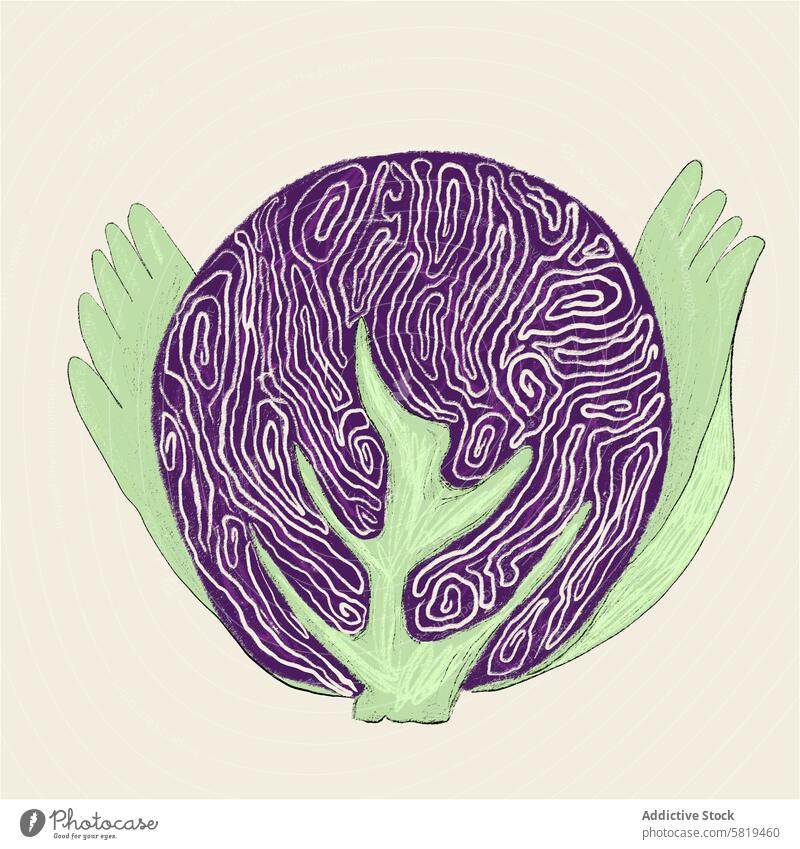 Surreal illustration of a red cabbage surreal holding vegetable art pattern texture natural vibrant design creative food organic healthy nutrition unique
