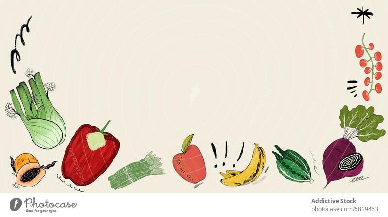 Colorful fruit and vegetable assortment illustration hand-drawn fennel bell pepper acorn squash leek apple banana cherry tomato beet colorful collection art