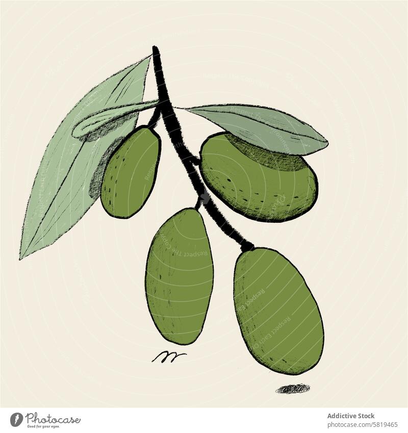 Olive branch with green olives and leaves illustration leaf hand-drawn texture minimalist artistic fruit foliage nature botanical organic food mediterranean