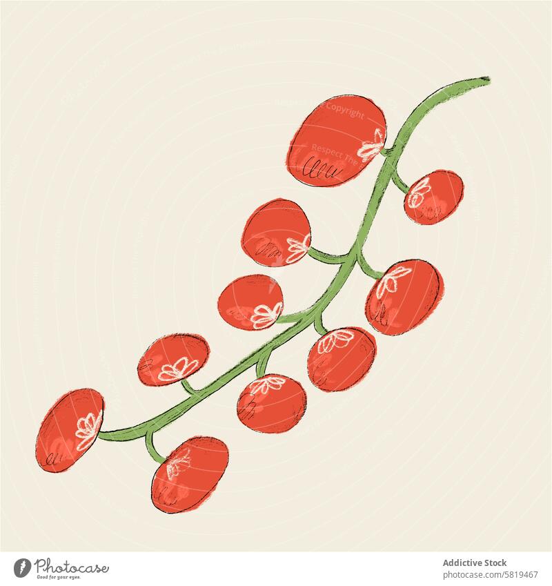 Illustration of a branch of cherry tomatoes illustration ripe red vegetable hand-drawn stylized digital beige background food healthy organic garden edible