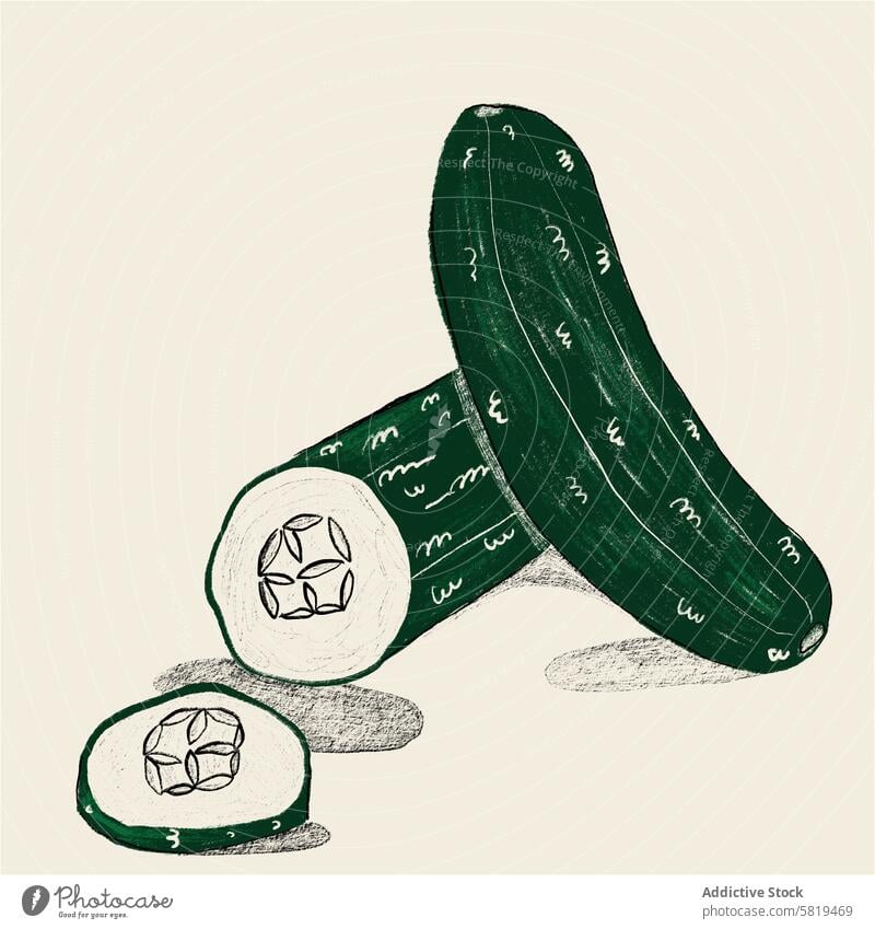 Cucumber slices illustration cucumber vegetable hand-drawn texture monochrome green textured detailed art artistic sketch design ingredient organic natural