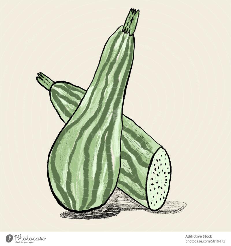 Illustration of zucchinis on beige background illustration vegetable hand-drawn digital drawing texture sliced whole neutral backdrop food healthy organic vegan