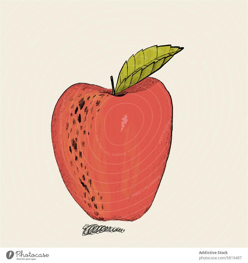 Red apple illustration with textural details fruit red hand-drawn textured vibrant leaf green organic healthy ripe food art drawing sketched natural vegetarian