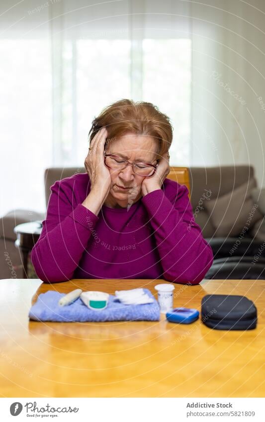 Senior woman experiencing hypoglycemia at home senior distress headache diabetes symptom health illness medical table interior discomfort pain blood sugar